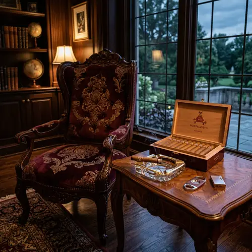 Luxurious High Back Accent Chair & Elegant Table with Cigar Accessories