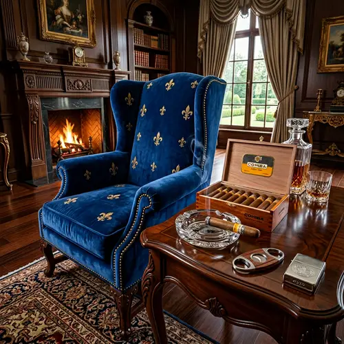 Luxurious Royal Velvet High Back Accent Chair & Wooden Table with Cigar Accessories