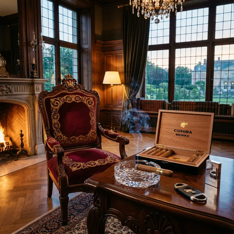 Elegant Royal High Back Chair & Wooden Table with Cigar Box Elegant Royal High Back Chair & Wooden Table with Cigar Box