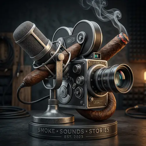 Realistic Cinema Camera, Cigar & Podcast Microphone Logo Design