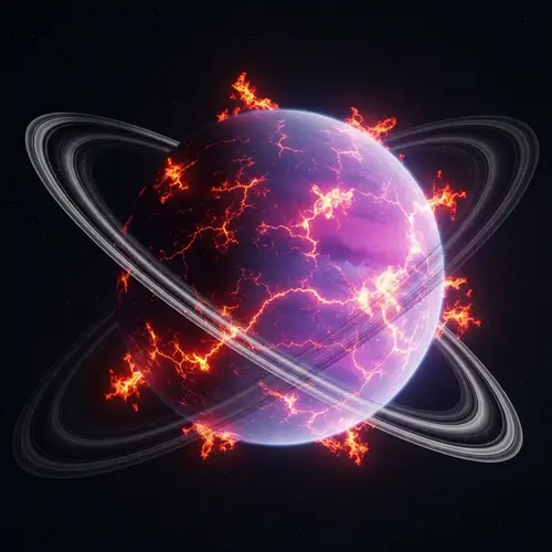 Purple and Pink Planet with Silver Rings and Flames