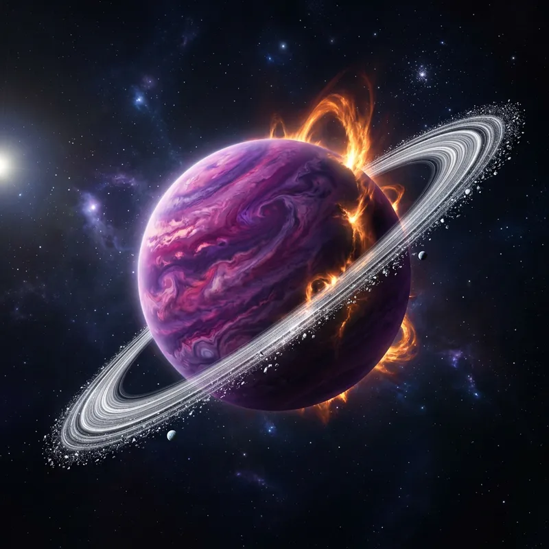 Purple and Pink Planet with Silver Rings and Flames