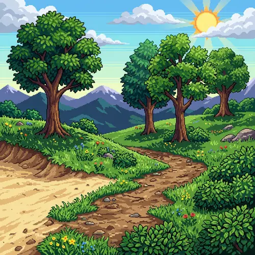 Pixel Art Trees, Grass, Sand, and Bushes