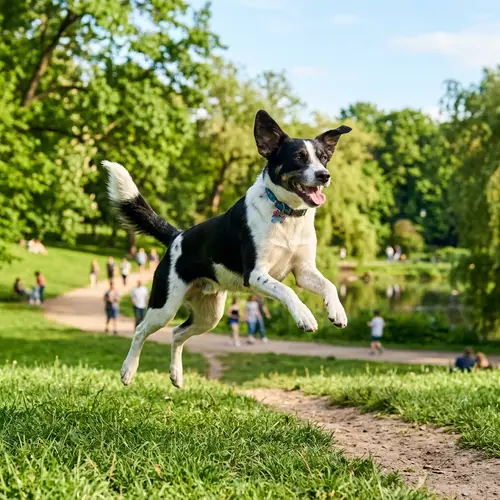 Dynamic Dog Jumping in Lush Green Park