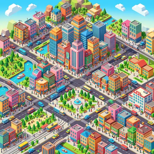 Vibrant Isometric Cityscape in 3D Perspective