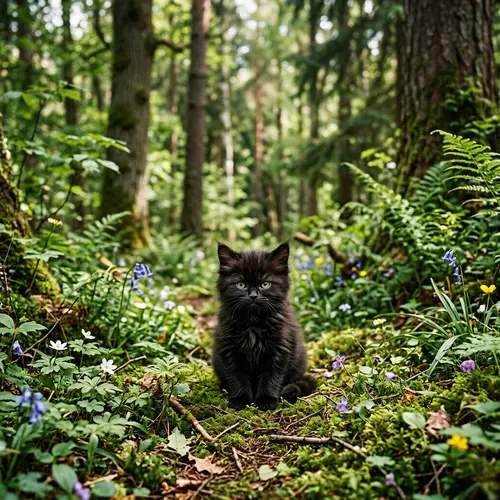 Cute Black Kitten in Enchanting Forest | Adorable Image