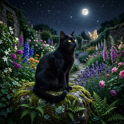 Black Cat in Moonlit Garden - Enchanting Scene with Flowers and Stars