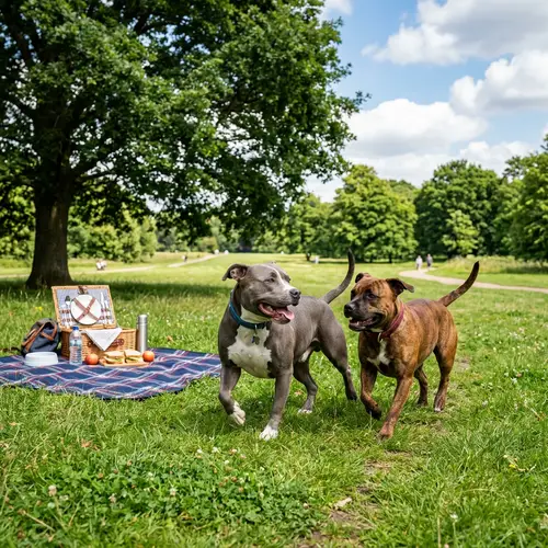 Playful Gray and Brown Pit Bulls in Serene Park Setting