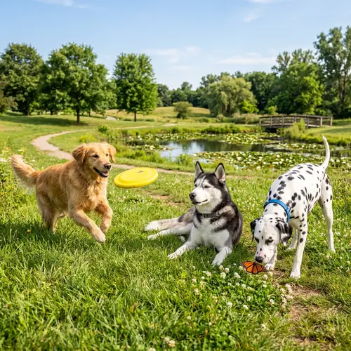 Heartwarming Scene of Golden Retriever, Siberian Husky & Dalmatian Dogs in a Park