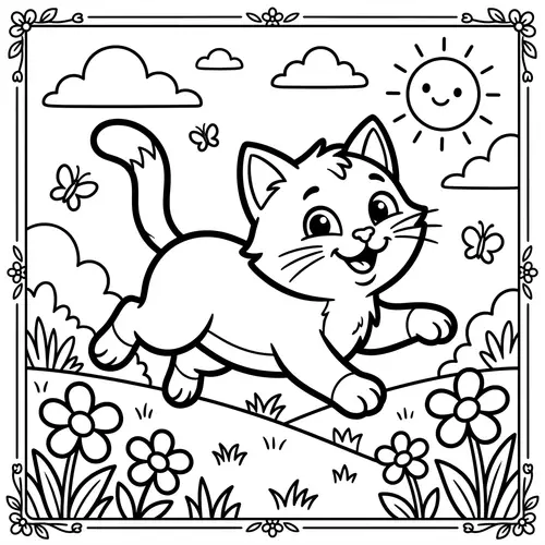 Playful Cat Coloring Image: Simple Cartoon Style for Kids