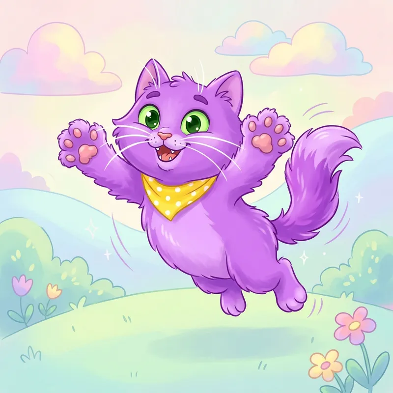 Playful Cat Cartoon Drawing - Joyful Feline in Vibrant Purple