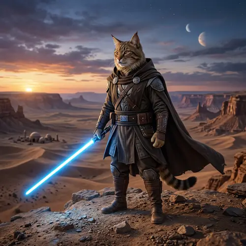 Warrior Feline on Barren Desert Landscape with Energy Blade