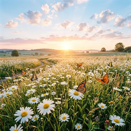 Optimistic Sunrise Over Daisies: Serene Nature Scene