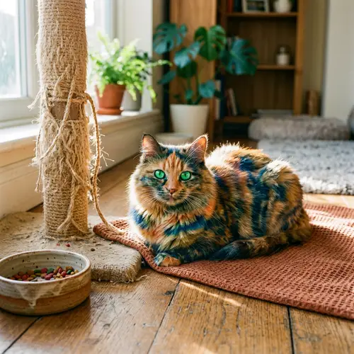 Adorable Domestic Cat with Vibrant Coat | Home Retreat