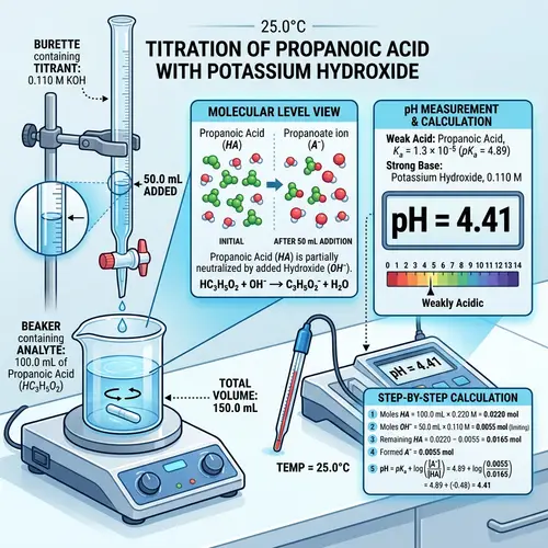 Propanoic Acid Titration with KOH: pH Calculation After 50mL