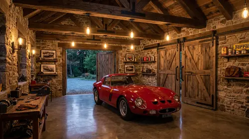 Luxury Rustic Garage with Vintage Sports Car