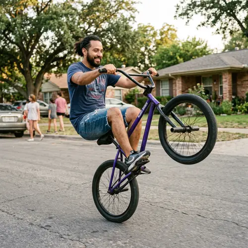 Hispanic Man Performing Wheelie on Purple Bicycle