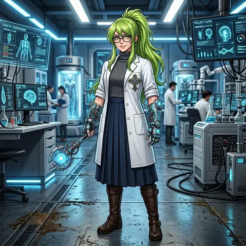 Ela from Arknights: Confident Female Doctor with Futuristic Staff
