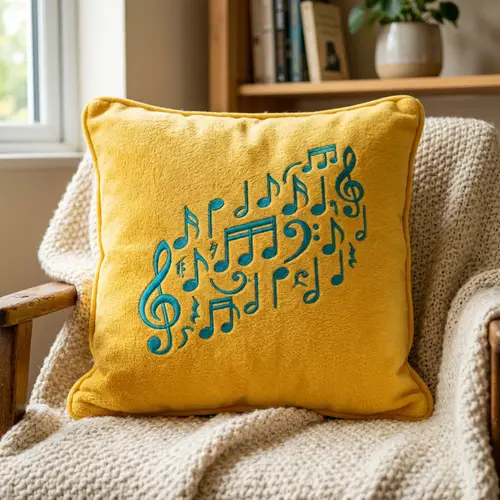 Plush Yellow Cushion with Turquoise Music Notes