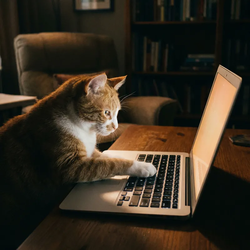 Cat Typing on Laptop in Dark Room - Adorable Feline Coder