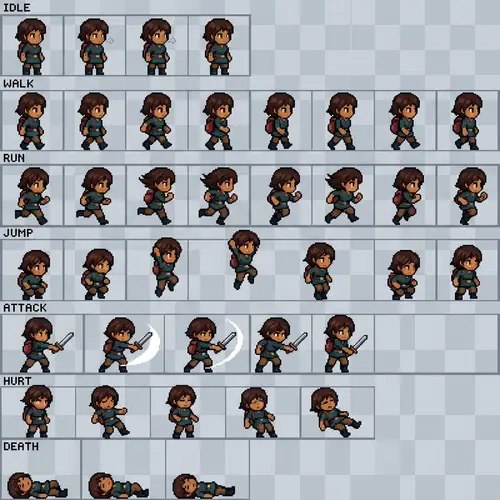 2D Pixel Sprite Sheet for a Cute Dark Skinned Girl