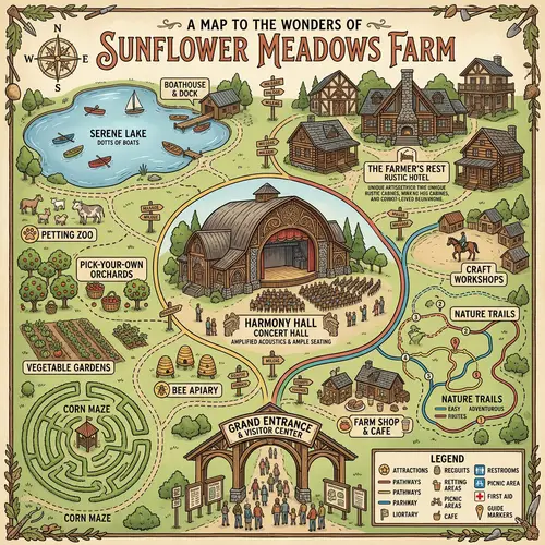 Tourist Farm Map: Rustic Hotel, Serene Lake, Concert Hall & Attractions