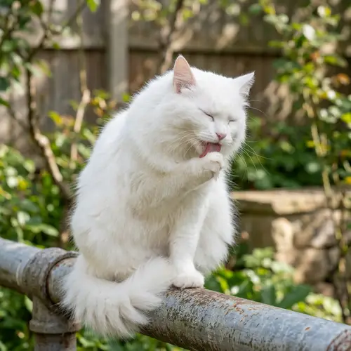 Beautiful White Fluffy Cat Grooming On Pipe