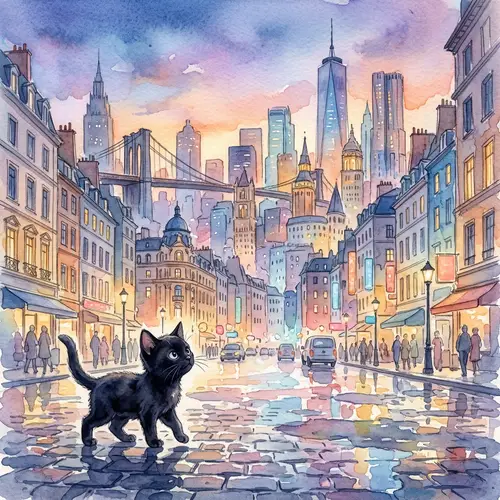 Black Kitten Exploring Watercolor Cityscape