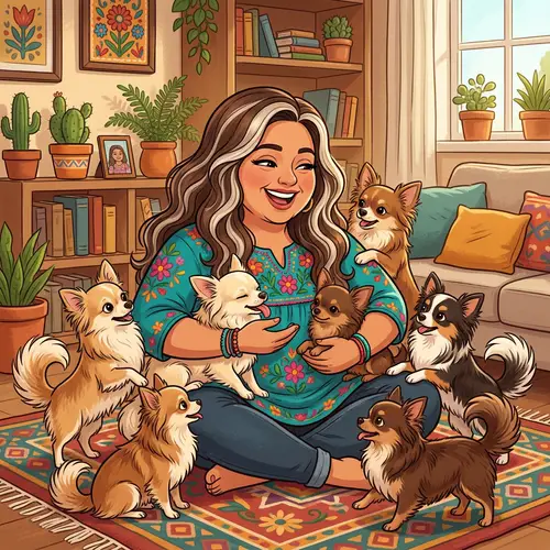 Charming Cartoon Woman with Long-Haired Chihuahuas