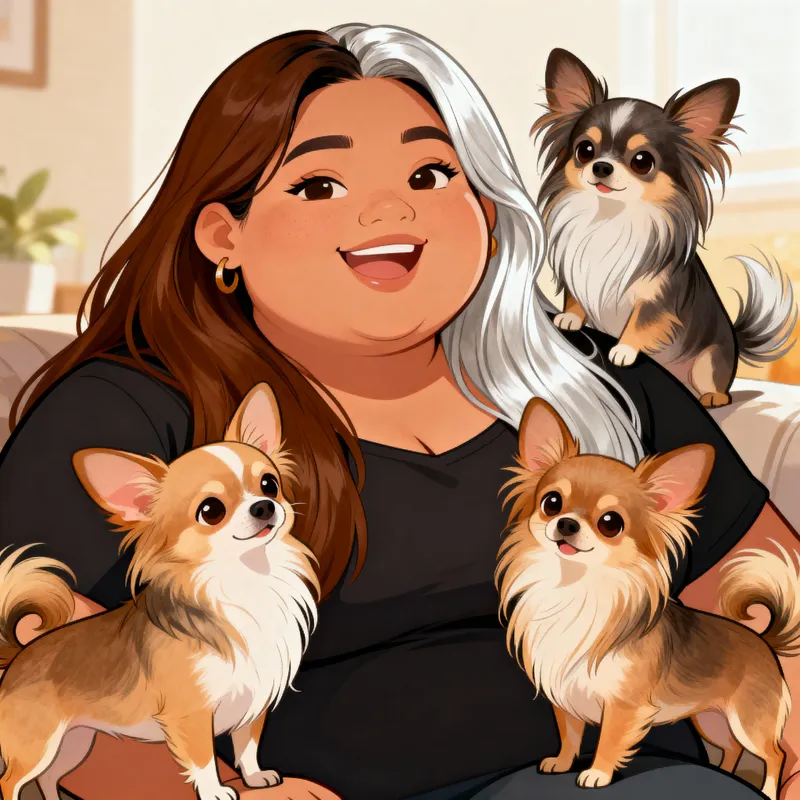 Charming Cartoon Woman with Long-Haired Chihuahuas