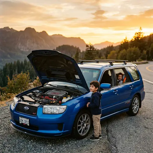 Captivating Scene with Subaru Forester SG5 and Curious Boy