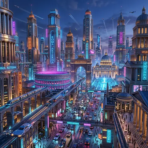 Futuristic Roman-Inspired Cityscape: Metallic Hues, High-Tech Streets