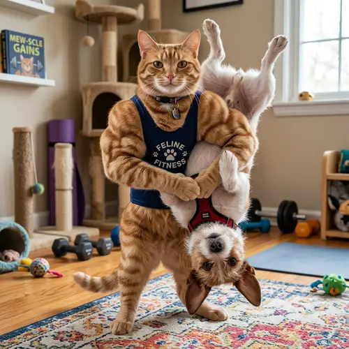 Fitness Cat Carrying Dog: Unusual and Endearing Scene