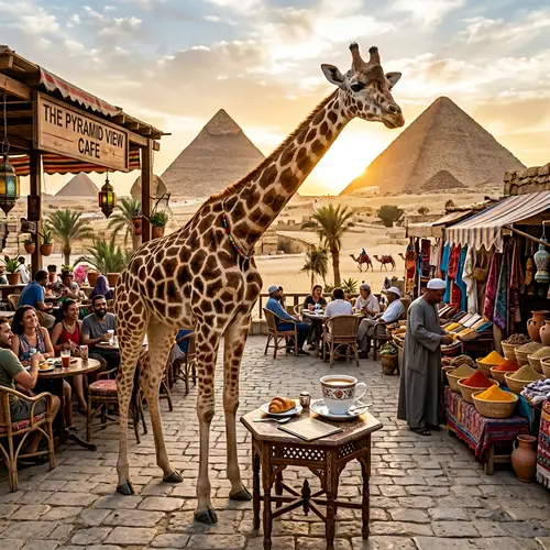 Giraffe Sipping Coffee at Giza Pyramids | Cozy Cafe Scene
