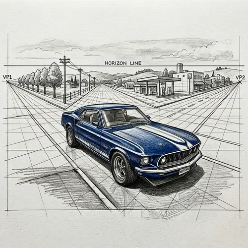 Mustang with Two Vanishing Points Perspective Art