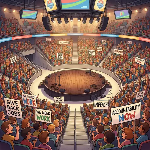 Protest Scene in Cartoon Arena: Jobs & Impeachment