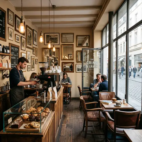 Cozy Cafe Interior with Wooden Tables and Artistic Decor
