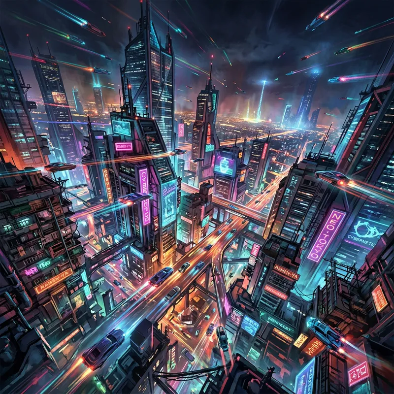 Dynamic Cyberpunk Cityscape with Flying Cars Dynamic Cyberpunk Cityscape with Flying Cars