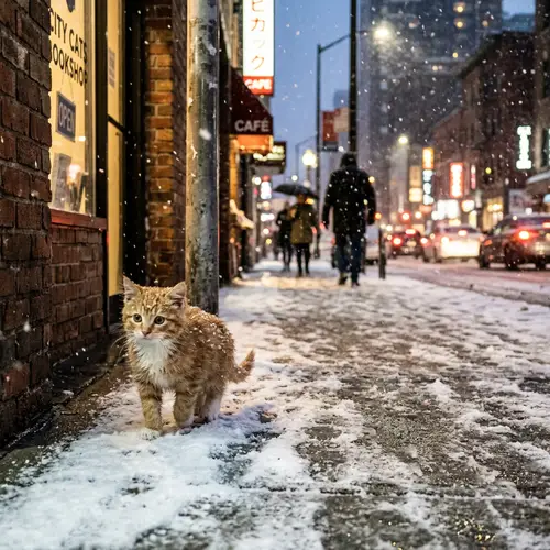 Adorable Kitten in Snowy City | Photorealistic Art
