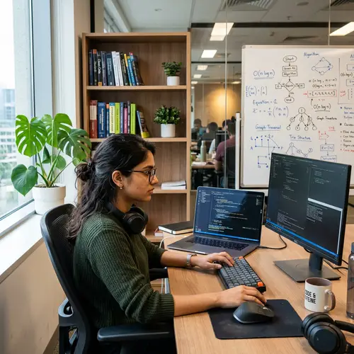 South Asian Female Programmer Deep in Code Concentration | Modern Office Scene
