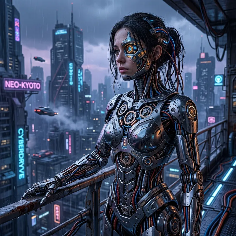 8K Precision Realism Art: Cyborg Woman in Complex Robotic Outfit