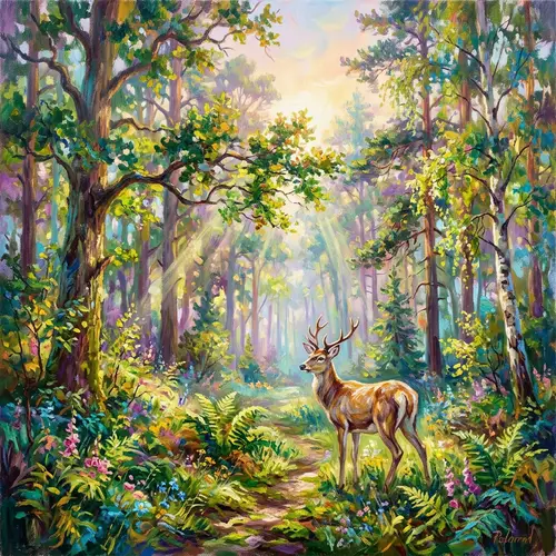 Mystical Forest Scene: Vibrant Impressionist Painting with Graceful Deer