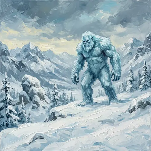 Yeti-Like Creature in Snow-Covered Landscape Oil Painting