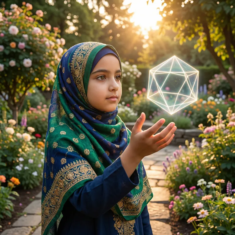 Beautiful Middle-Eastern Girl in Hijab with Glowing Geometric Figure