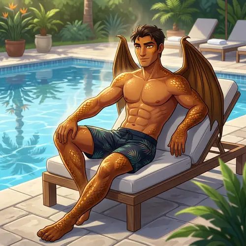 Male Dragon Demi-Human in Swim Trunks by Pool