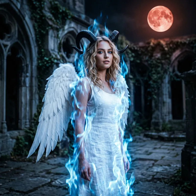 Heavenly Woman with White Wings and Black Horns | Gloomy Moon Image