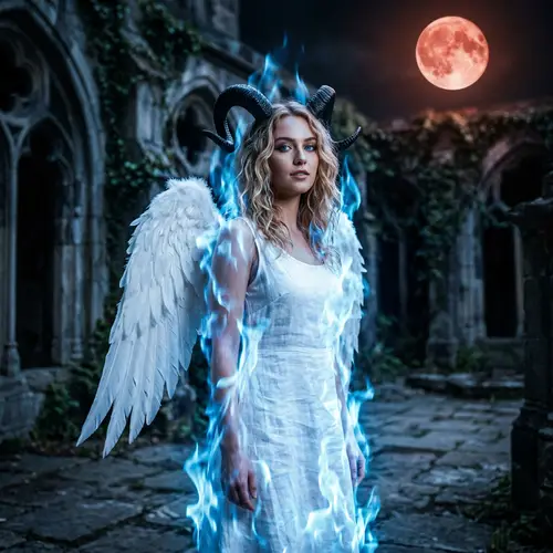 Heavenly Woman With Wings and Horns | Enchanting Moon Scene