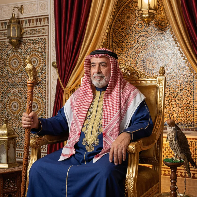 Arabian King on Golden Throne in Luxurious Hall