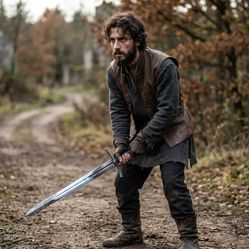 Skinny Unshaven Warrior with Sword - Ready for Battle