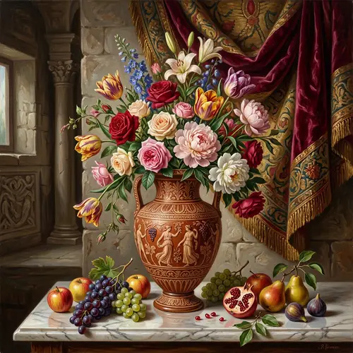 Roman Amphora with Flowers and Fruits | Still Life Painting